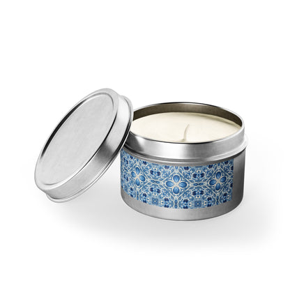 Dutch Blue Tile Tin Candle. Delft Calm, Travel Size. Available in 2 sizes, 3 finishes, and 5 scents.
