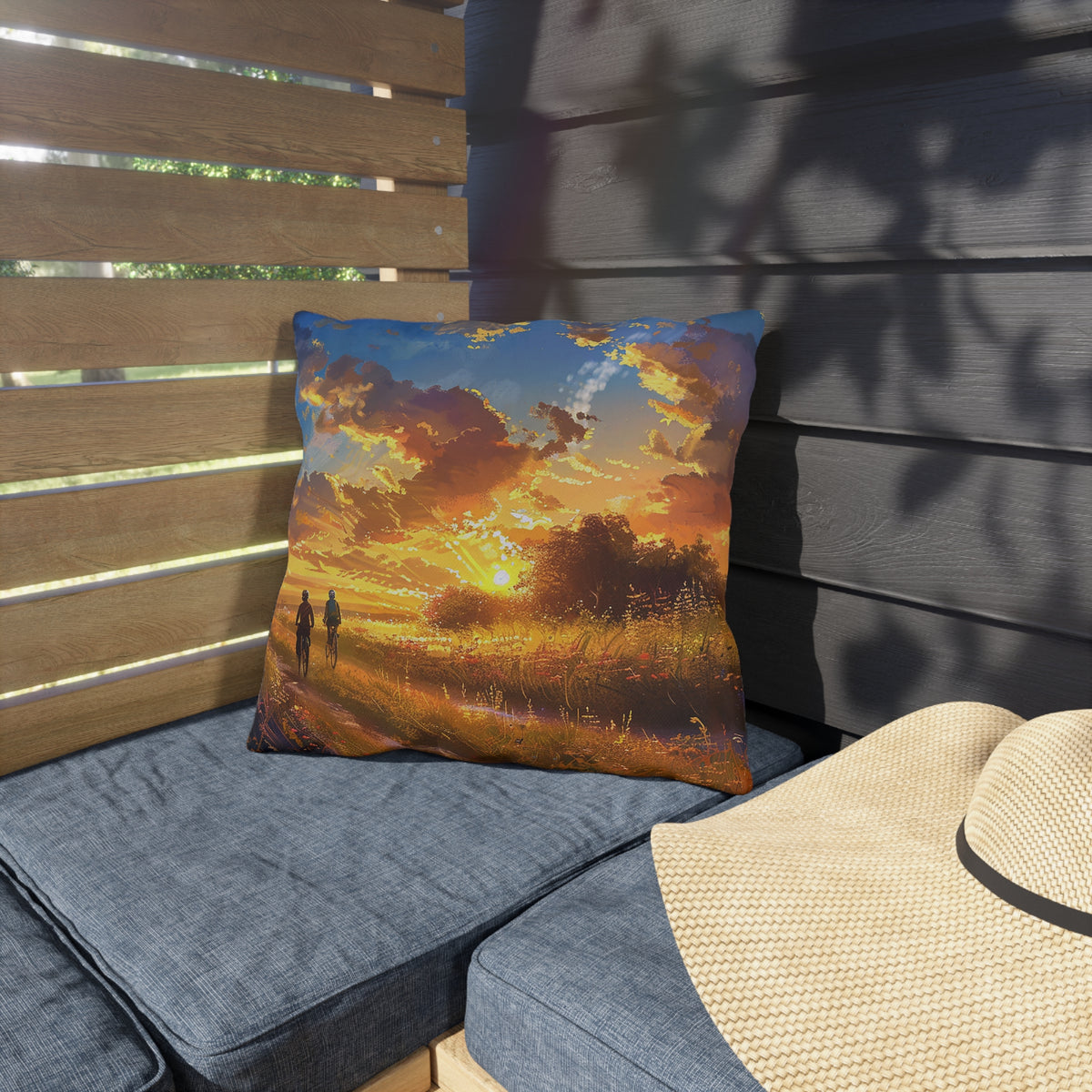 Golden Sunset Ride Square Outdoor Pillow - Spun Polyester - Double-Sided Print - UV-Resistant - Water-Resistant - Available in 3 sizes.