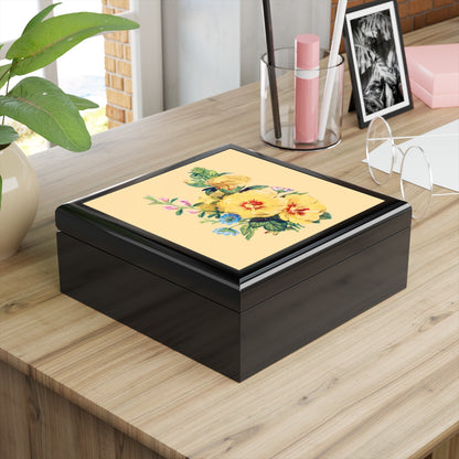 Vintage Yellow Bloom Serenity Jewelry Box - Felt-Lined Rubberwood Keepsake Box with Glossy Printed Lid
