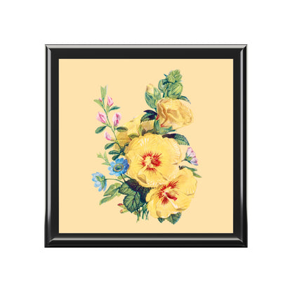Vintage Yellow Bloom Serenity Jewelry Box - Felt-Lined Rubberwood Keepsake Box with Glossy Printed Lid