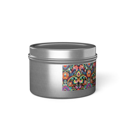 Electric Damask Tin Candle. Timeless Scrollwork, Electric Soul. Available in 2 sizes, 3 finishes, and 5 scents.