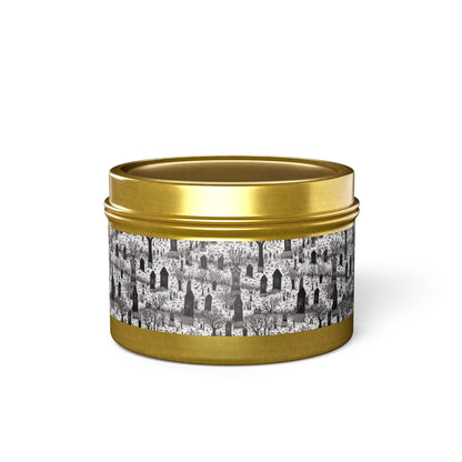 Spooky Gothic Cemetery Chic Halloween Tin Candle. Haunted Elegance, Travel Size. Available in 2 sizes, 3 finishes, and 5 scents.