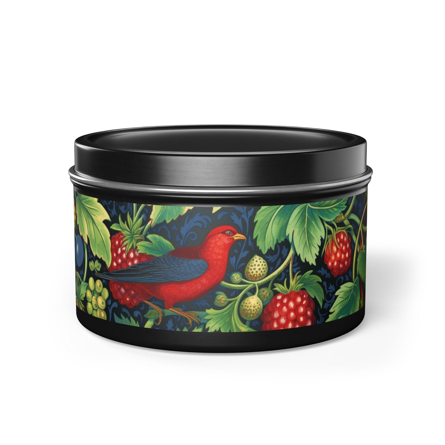 Bluebird & Strawberry Tin Candle. Whispers of Tradition - Where Nature Meets Artistry. Available in 2 sizes, 3 finishes, and 5 scents.