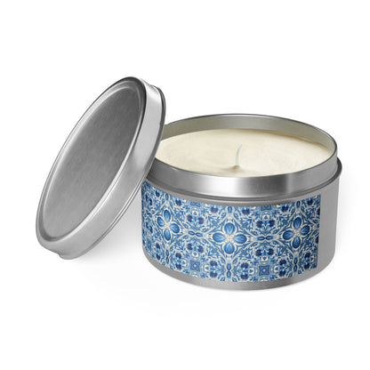 Dutch Blue Tile Tin Candle. Delft Calm, Travel Size. Available in 2 sizes, 3 finishes, and 5 scents.