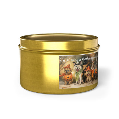 We're Having a Barking Good Halloween! Tin Candle. Spooky Treats in a Tin. Available in 2 sizes, 3 finishes, and 5 scents.