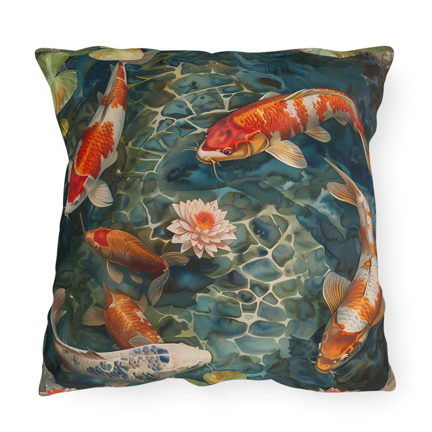 Tranquil Koi Oasis Square Outdoor Pillow - Spun Polyester - Double-Sided Print - UV-Resistant - Water-Resistant - Available in 3 sizes.