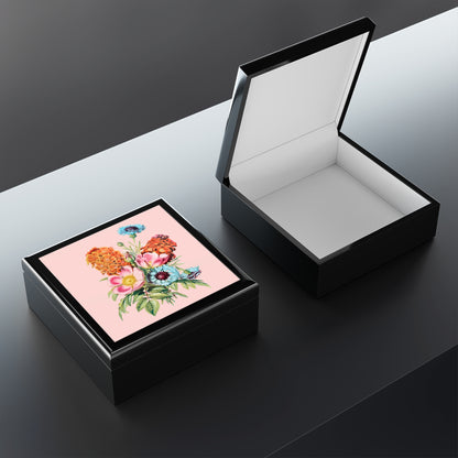 Vintage Botanical Floral Jewelry Box - Felt-Lined Rubberwood Keepsake Box with Glossy Printed Lid