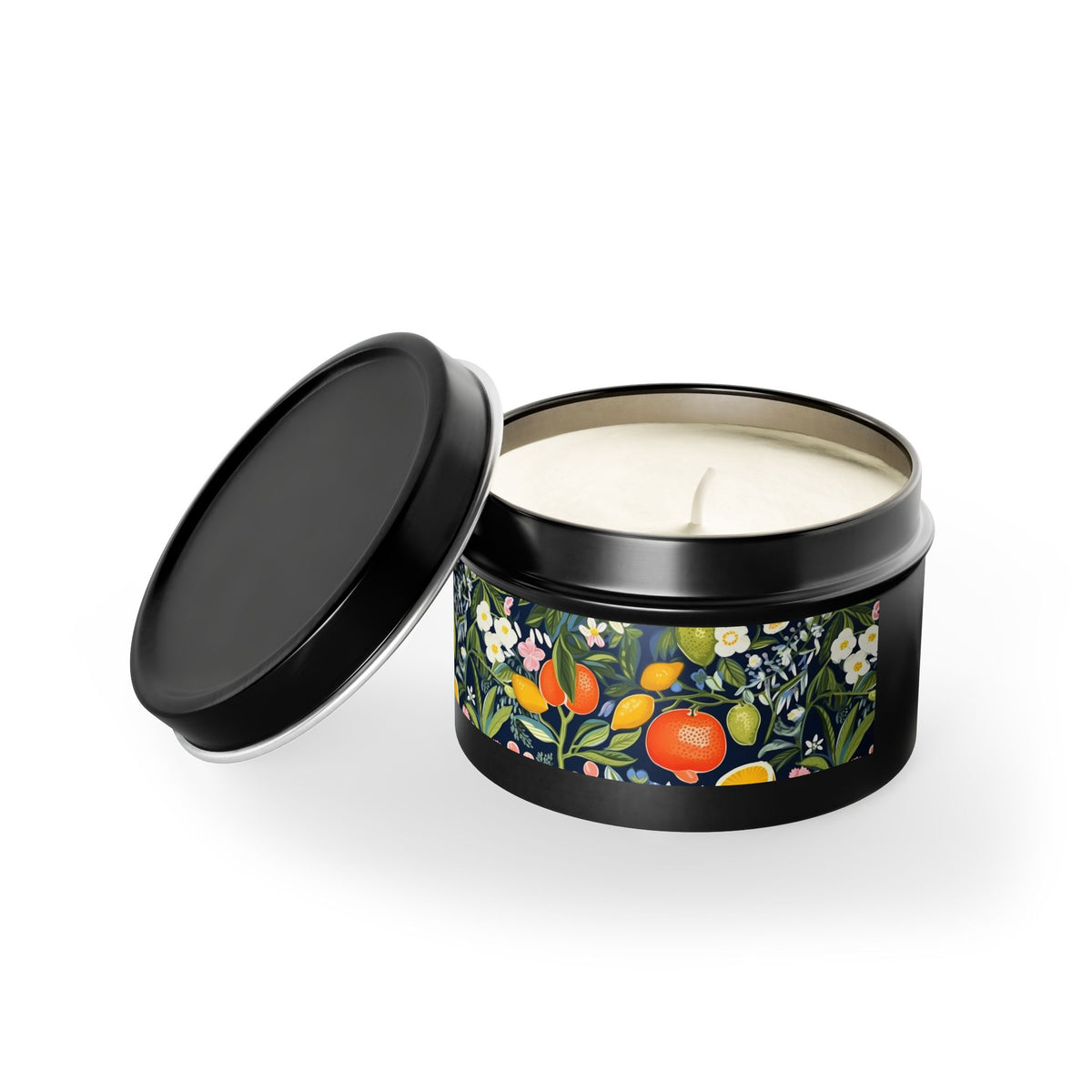 Magical Fruitiness Tin Candle. A Fruit-Splashed Flicker. Available in 2 sizes, 3 finishes, and 5 scents.