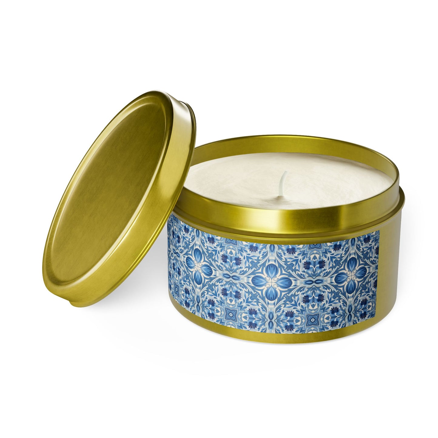 Dutch Blue Tile Tin Candle. Delft Calm, Travel Size. Available in 2 sizes, 3 finishes, and 5 scents.