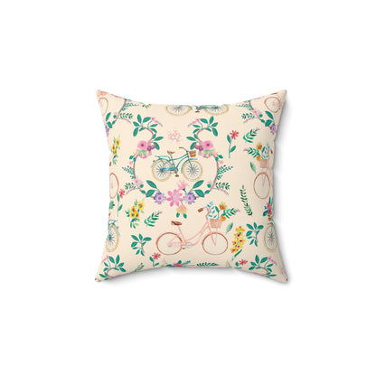 Spring Bicycle Square Throw Pillow - Spun Polyester - Double-Sided Print - Concealed Zipper - Available in 4 sizes