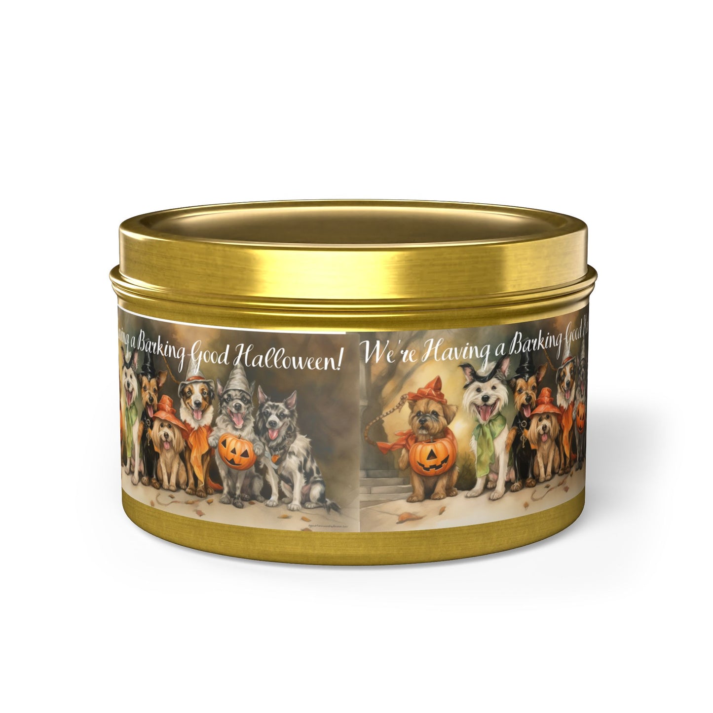 We're Having a Barking Good Halloween! Tin Candle. Spooky Treats in a Tin. Available in 2 sizes, 3 finishes, and 5 scents.