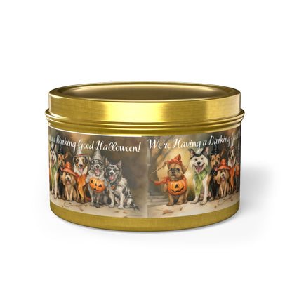 We're Having a Barking Good Halloween! Tin Candle. Spooky Treats in a Tin. Available in 2 sizes, 3 finishes, and 5 scents.