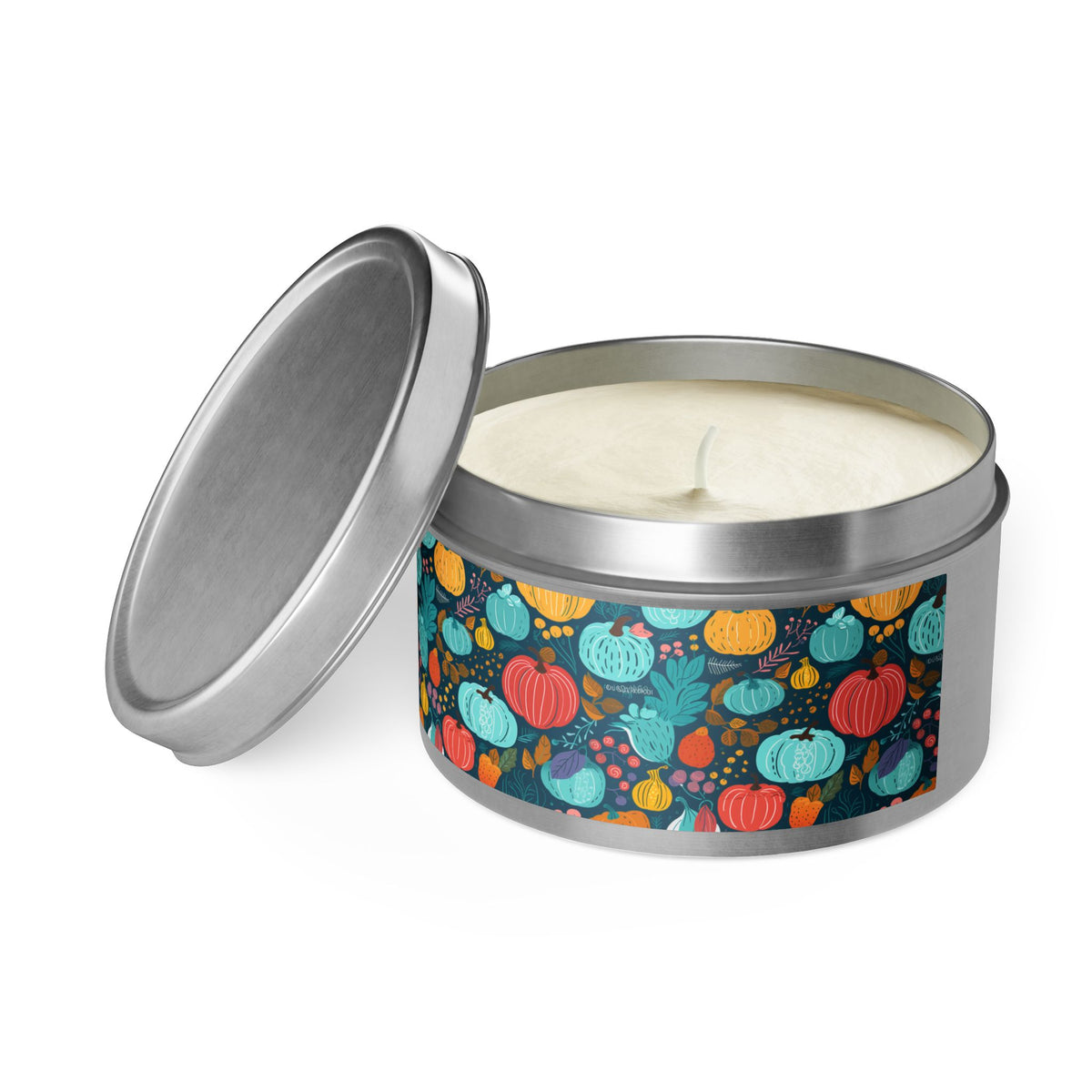 Fall Pumpkin Dance Tin Candle. Autumn's Dance in a Tin. Available in 2 sizes, 3 finishes, and 5 scents.