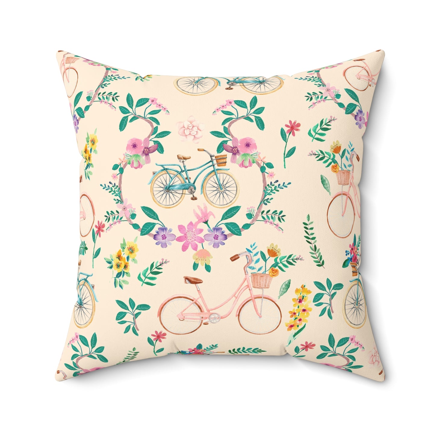 Spring Bicycle Square Throw Pillow - Spun Polyester - Double-Sided Print - Concealed Zipper - Available in 4 sizes