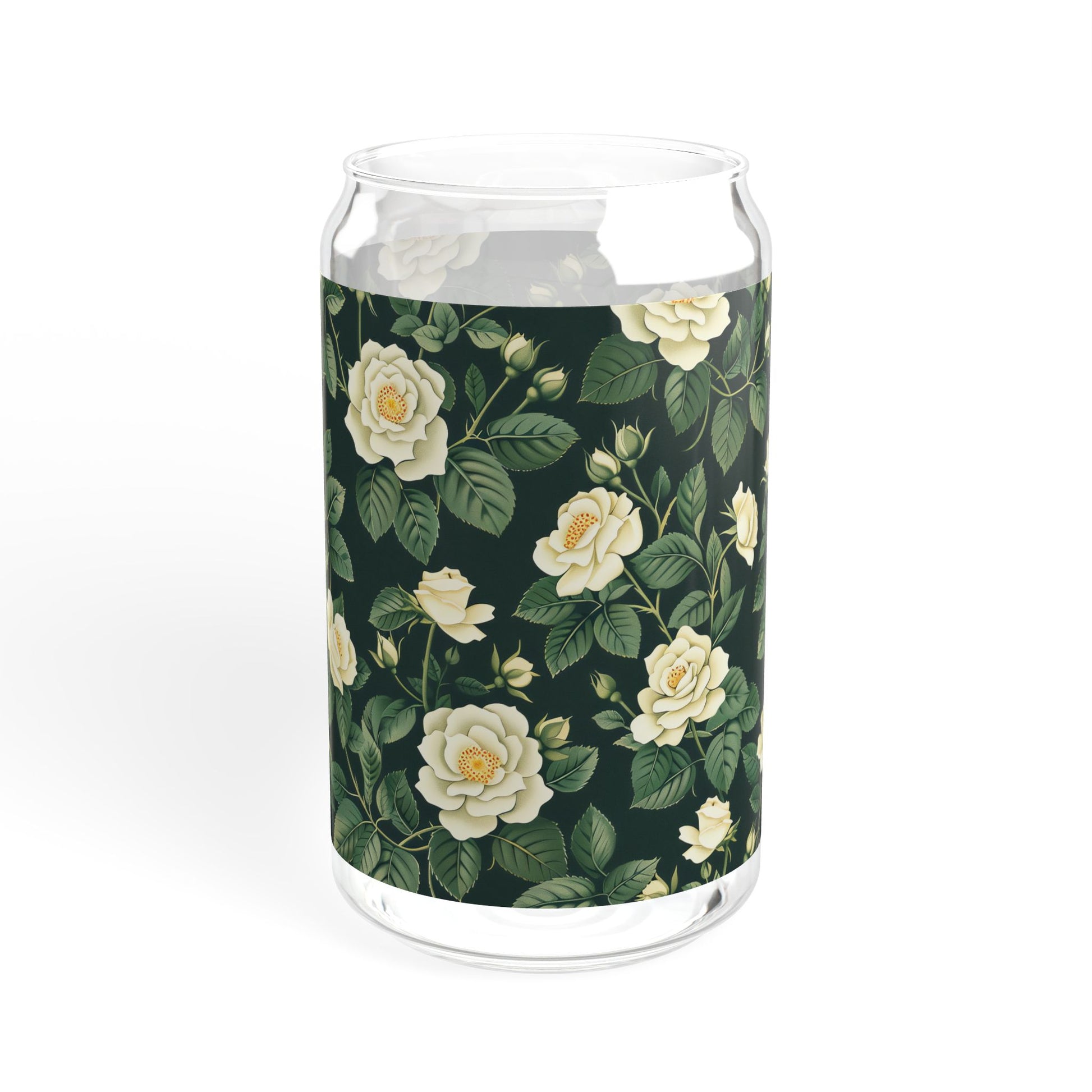 White Roses at Dusk Sipper Glass Tumbler - 16 oz - Sip with a Dash of Drama - White Roses on Black!