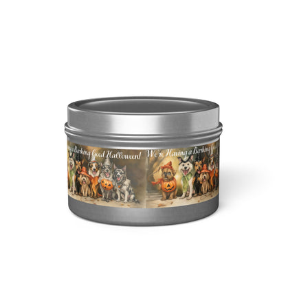We're Having a Barking Good Halloween! Tin Candle. Spooky Treats in a Tin. Available in 2 sizes, 3 finishes, and 5 scents.