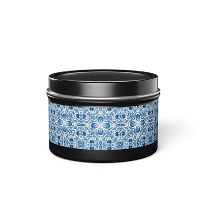 Dutch Blue Tile Tin Candle. Delft Calm, Travel Size. Available in 2 sizes, 3 finishes, and 5 scents.