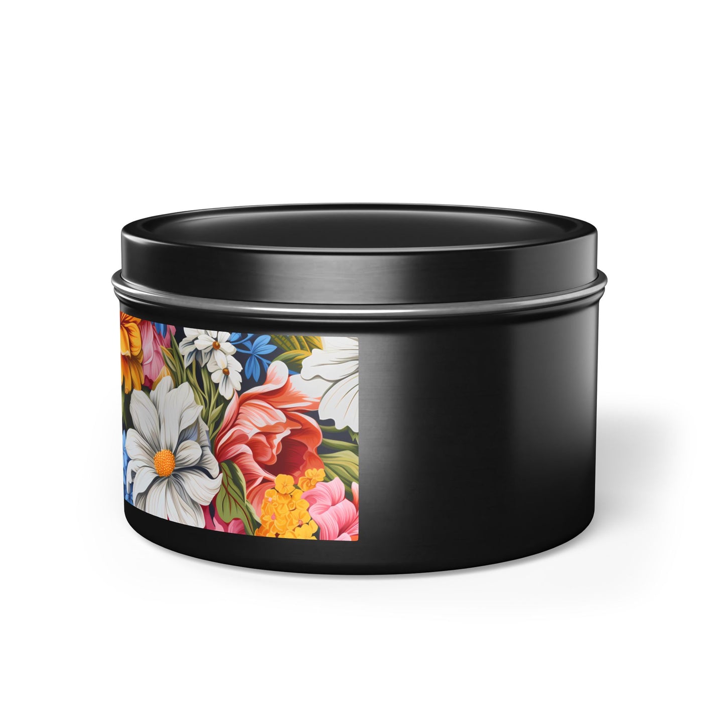 Chic Floral Tin Candle. Blooms That Travel Well. Available in 2 sizes, 3 finishes, and 5 scents.
