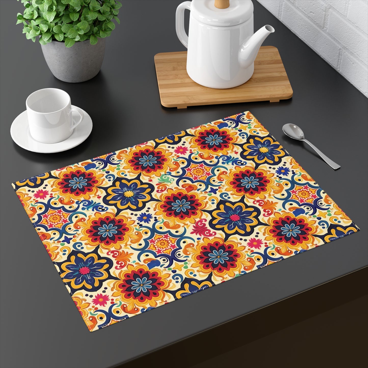 Majorcan Mosaic Splendor Placemat - Infuse Your Table with Vibrant Mediterranean Artistry! Cotton Twill - 18" x 14"