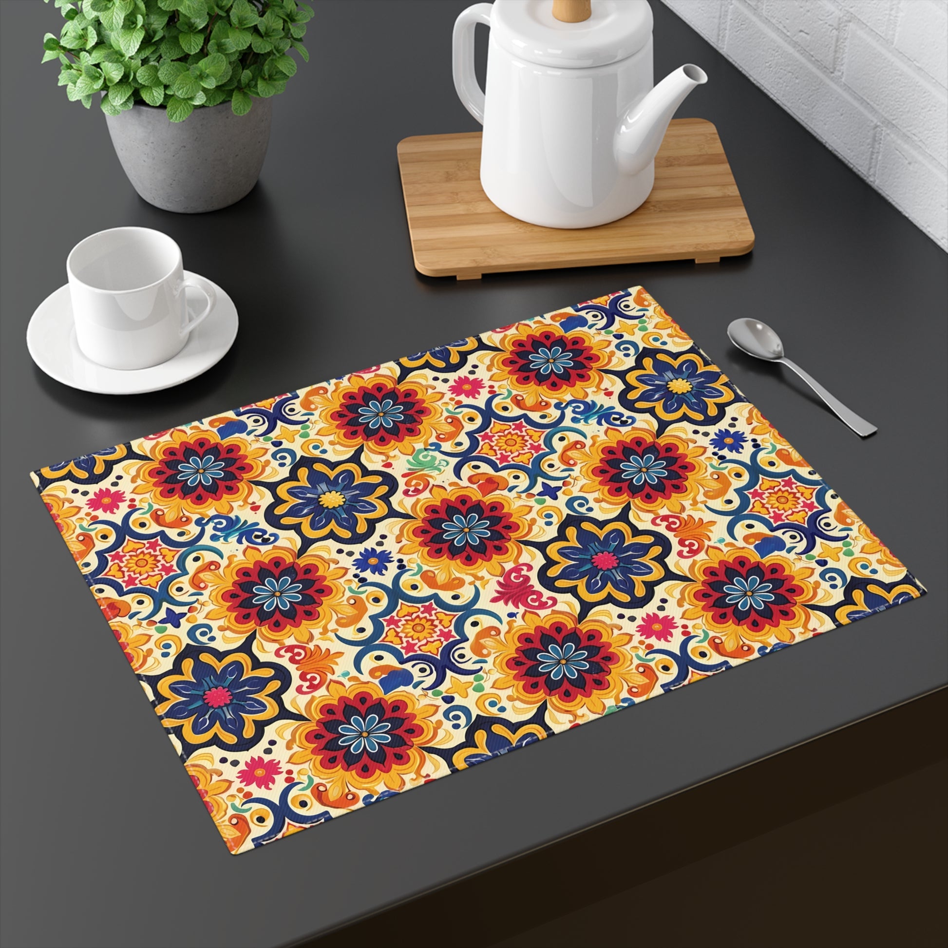 Majorcan Mosaic Splendor Placemat - Infuse Your Table with Vibrant Mediterranean Artistry! Cotton Twill - 18" x 14"