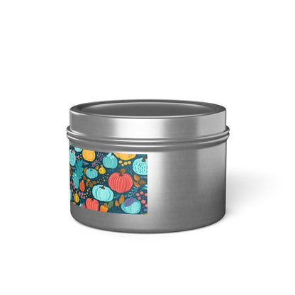 Fall Pumpkin Dance Tin Candle. Autumn's Dance in a Tin. Available in 2 sizes, 3 finishes, and 5 scents.