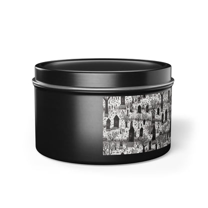 Spooky Gothic Cemetery Chic Halloween Tin Candle. Haunted Elegance, Travel Size. Available in 2 sizes, 3 finishes, and 5 scents.