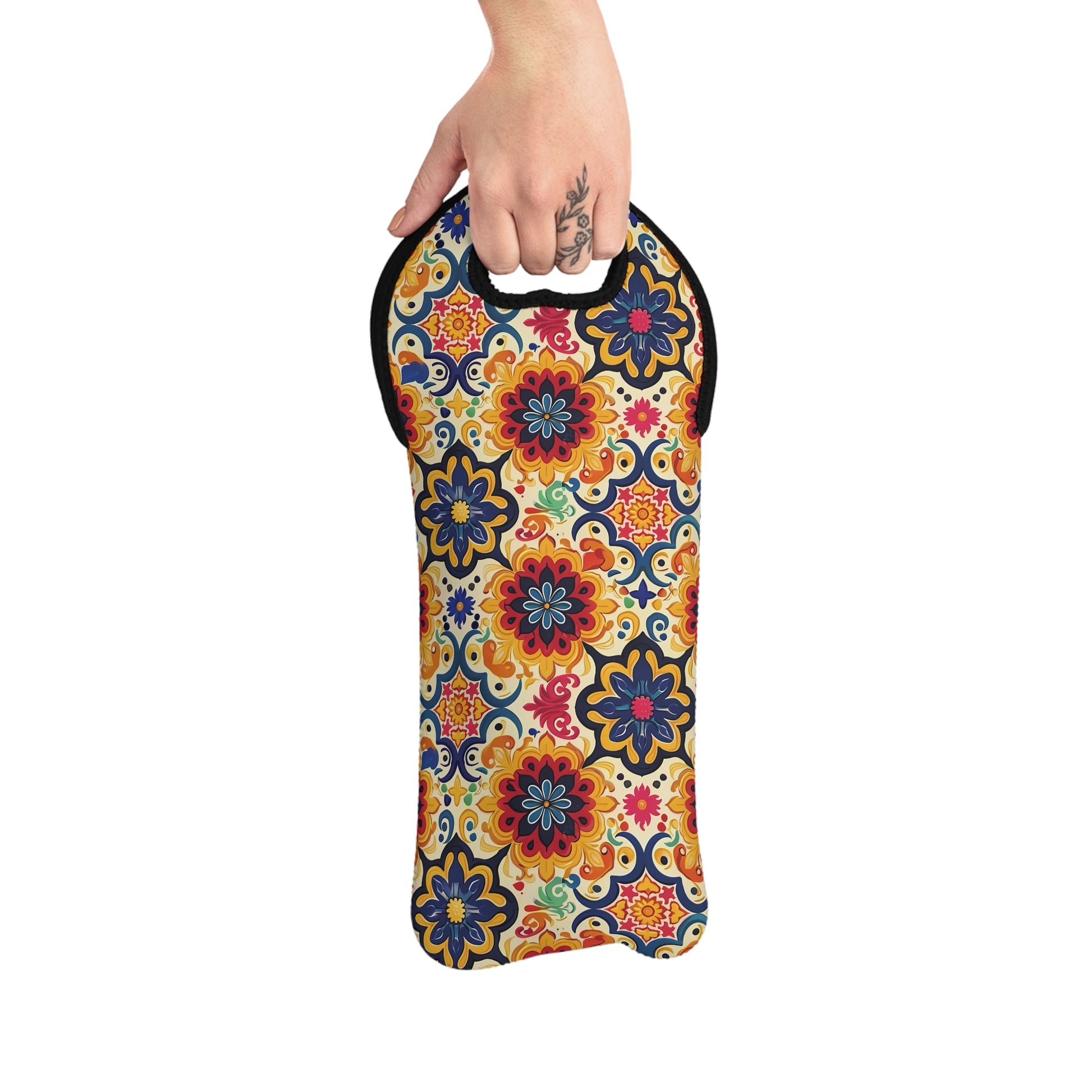 Majorcan Mosaic Splendor Wine Tote Bag - 100% Neoprene - Carry the Rich Heritage of the Mediterranean with Every Sip!
