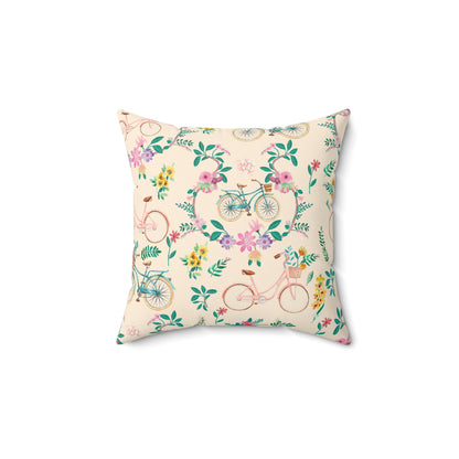 Spring Bicycle Square Throw Pillow - Spun Polyester - Double-Sided Print - Concealed Zipper - Available in 4 sizes