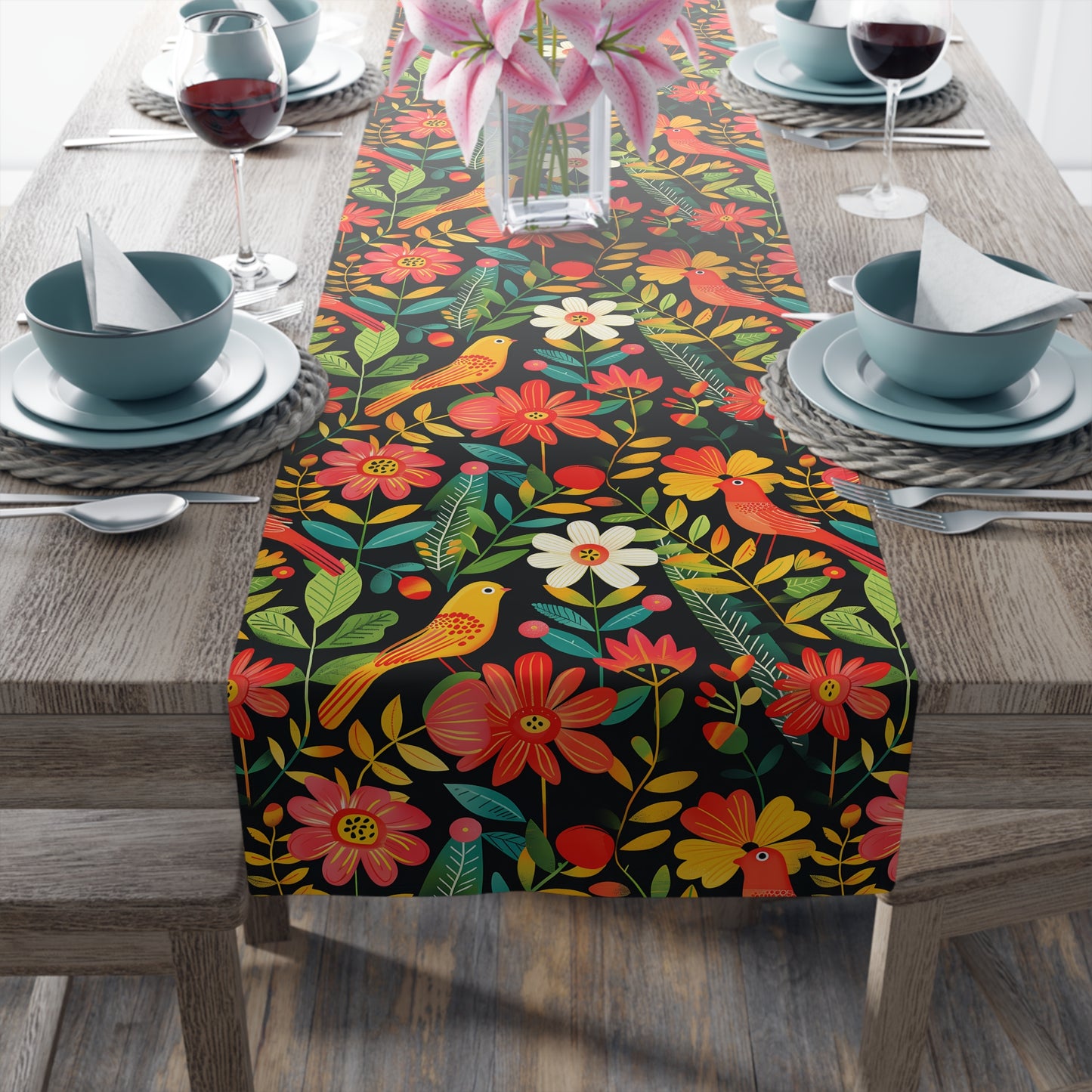Blooming Bird Wonderland Table Runner - Polyester - Available in 2 sizes: 16" x 72" and 16" x 90".