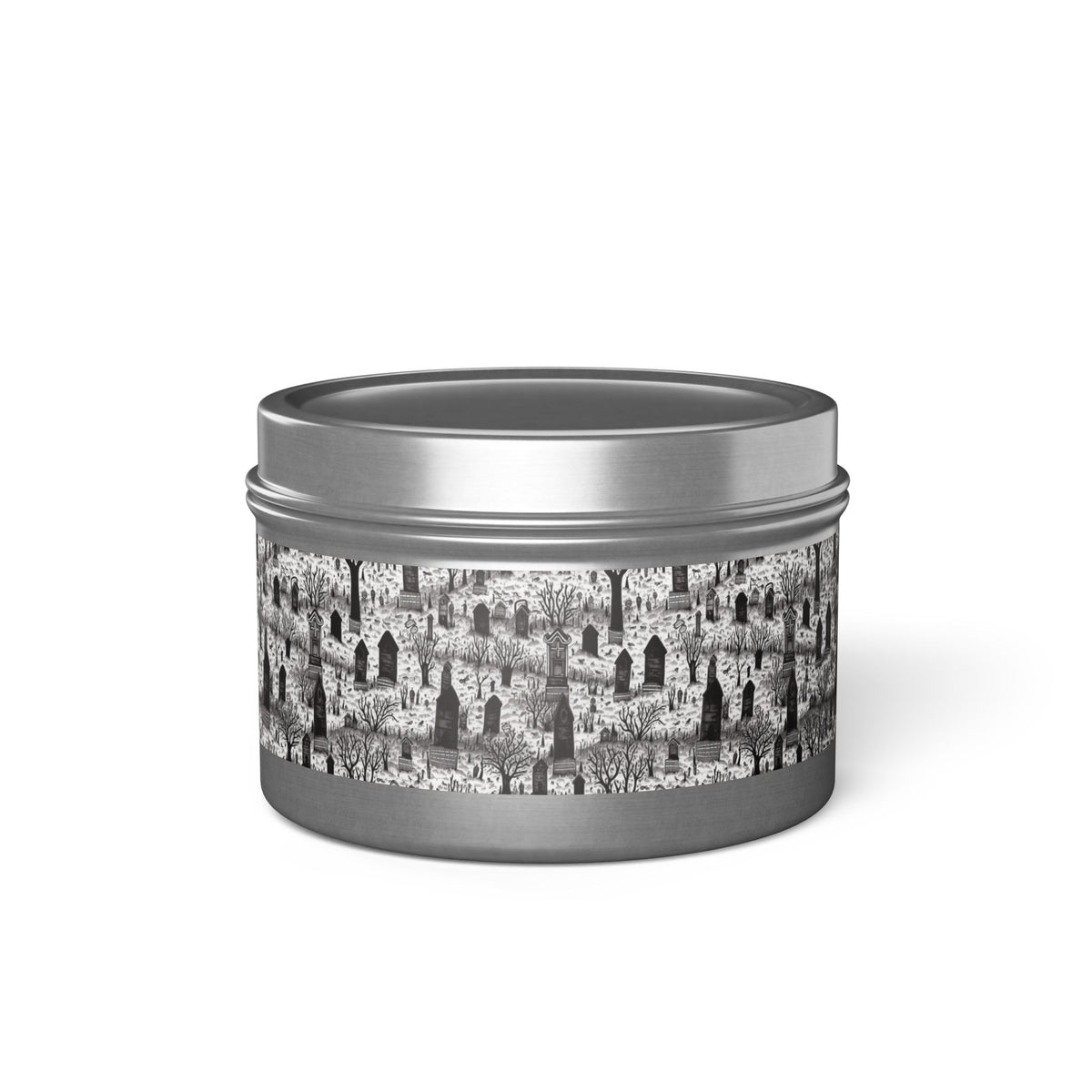 Spooky Gothic Cemetery Chic Halloween Tin Candle. Haunted Elegance, Travel Size. Available in 2 sizes, 3 finishes, and 5 scents.