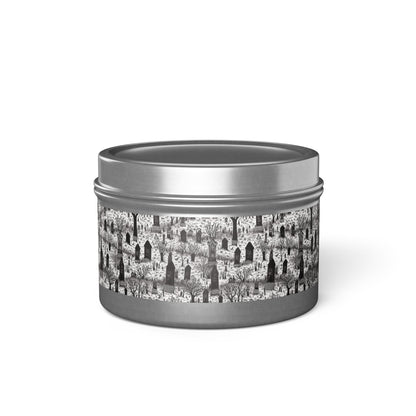 Spooky Gothic Cemetery Chic Halloween Tin Candle. Haunted Elegance, Travel Size. Available in 2 sizes, 3 finishes, and 5 scents.