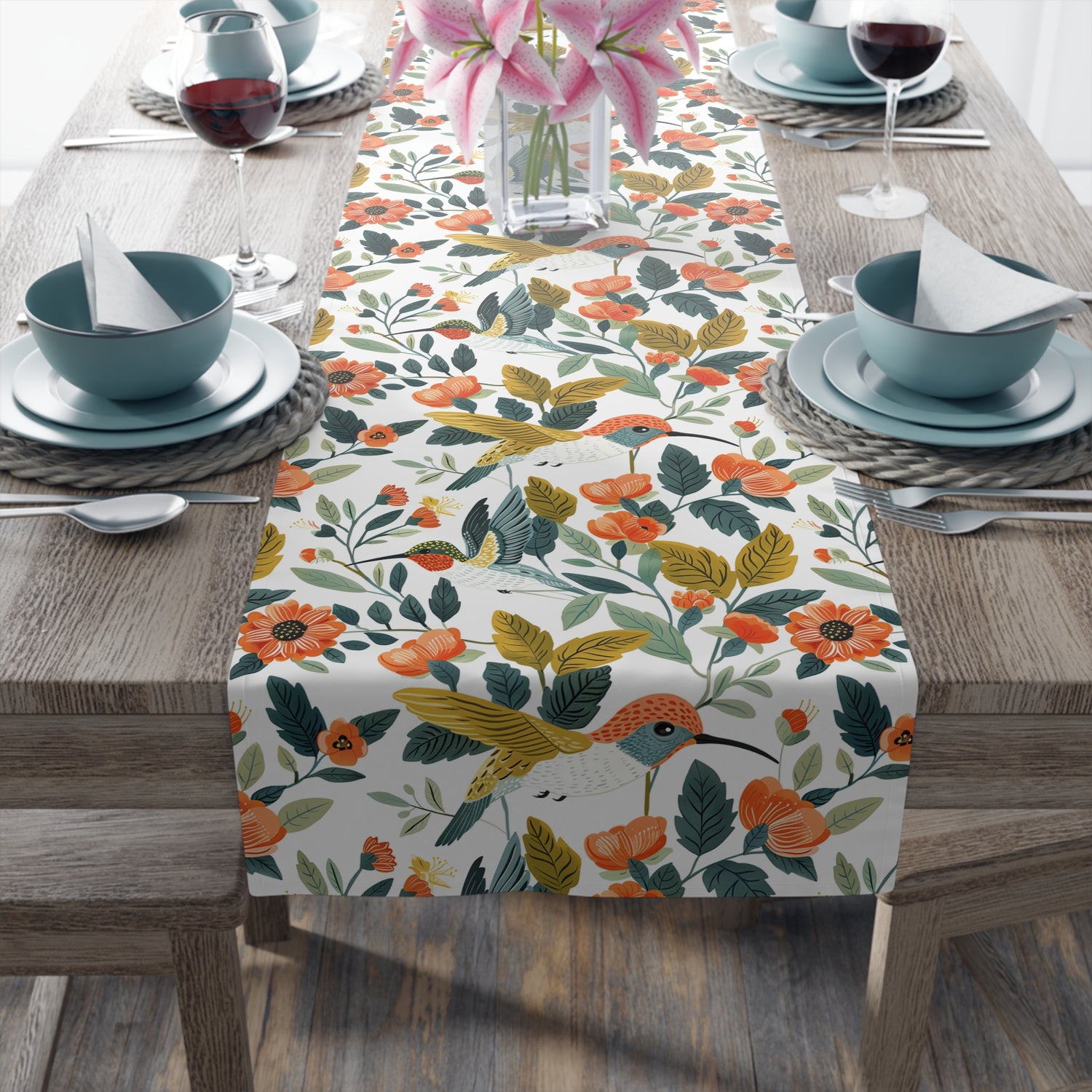 Hummingbird Harmony Table Runner - Graceful Hummingbirds for a Harmonious Table Setting! Available in 2 sizes.