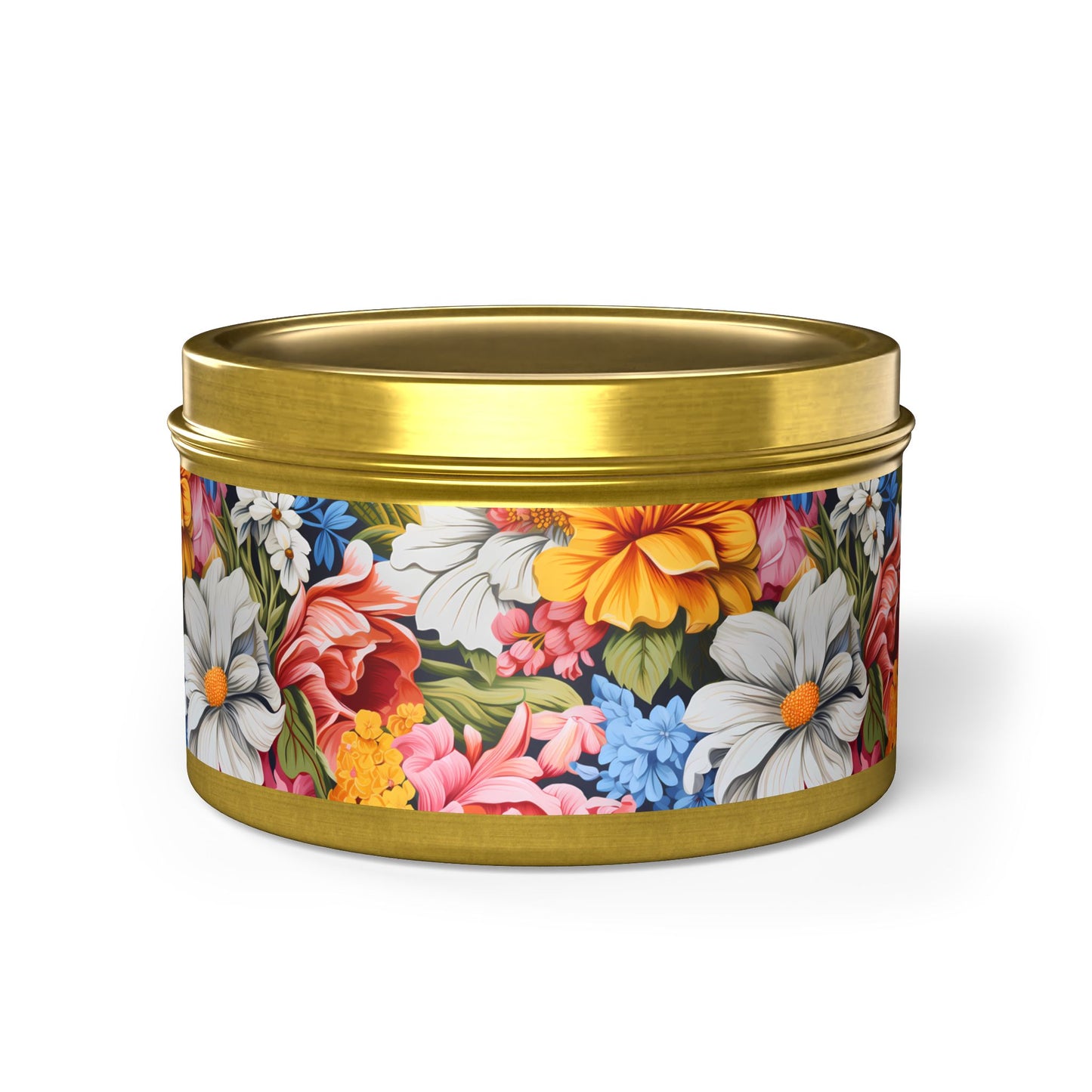 Chic Floral Tin Candle. Blooms That Travel Well. Available in 2 sizes, 3 finishes, and 5 scents.