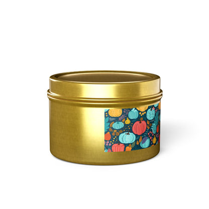 Fall Pumpkin Dance Tin Candle. Autumn's Dance in a Tin. Available in 2 sizes, 3 finishes, and 5 scents.