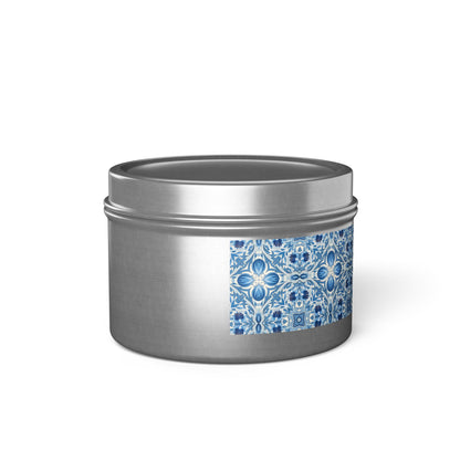Dutch Blue Tile Tin Candle. Delft Calm, Travel Size. Available in 2 sizes, 3 finishes, and 5 scents.