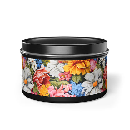 Chic Floral Tin Candle. Blooms That Travel Well. Available in 2 sizes, 3 finishes, and 5 scents.