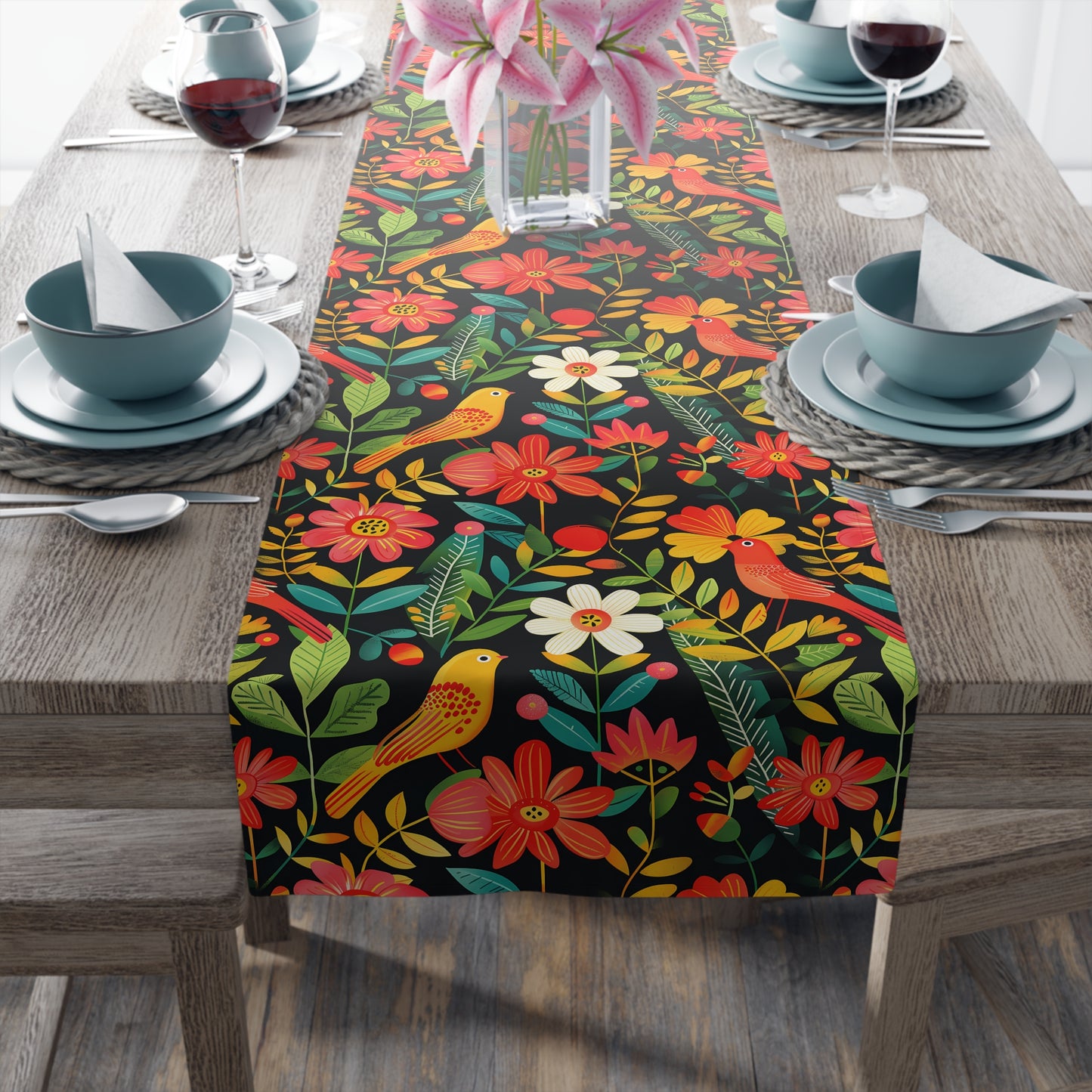 Blooming Bird Wonderland Table Runner - Polyester - Available in 2 sizes: 16" x 72" and 16" x 90".