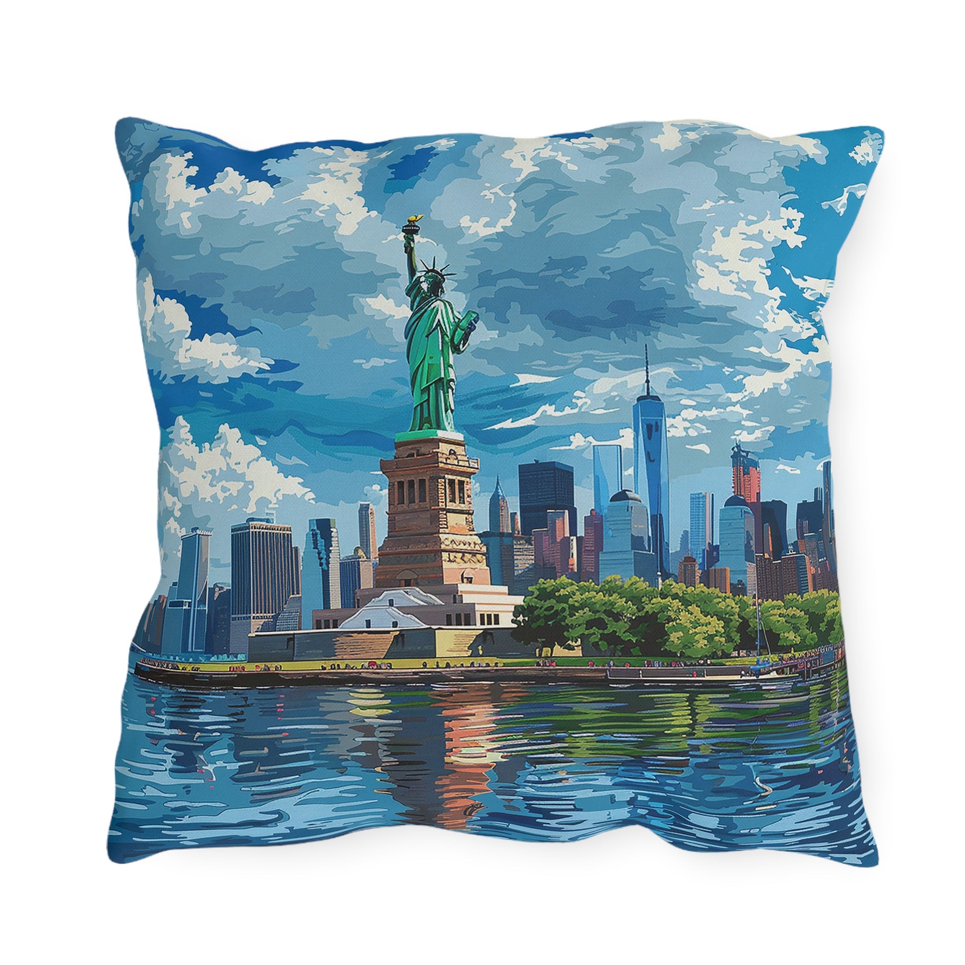 Statue of Liberty Square Outdoor Pillow - Spun Polyester - Double-Sided Print - UV-Resistant - Water Resistant - Available in 3 sizes.