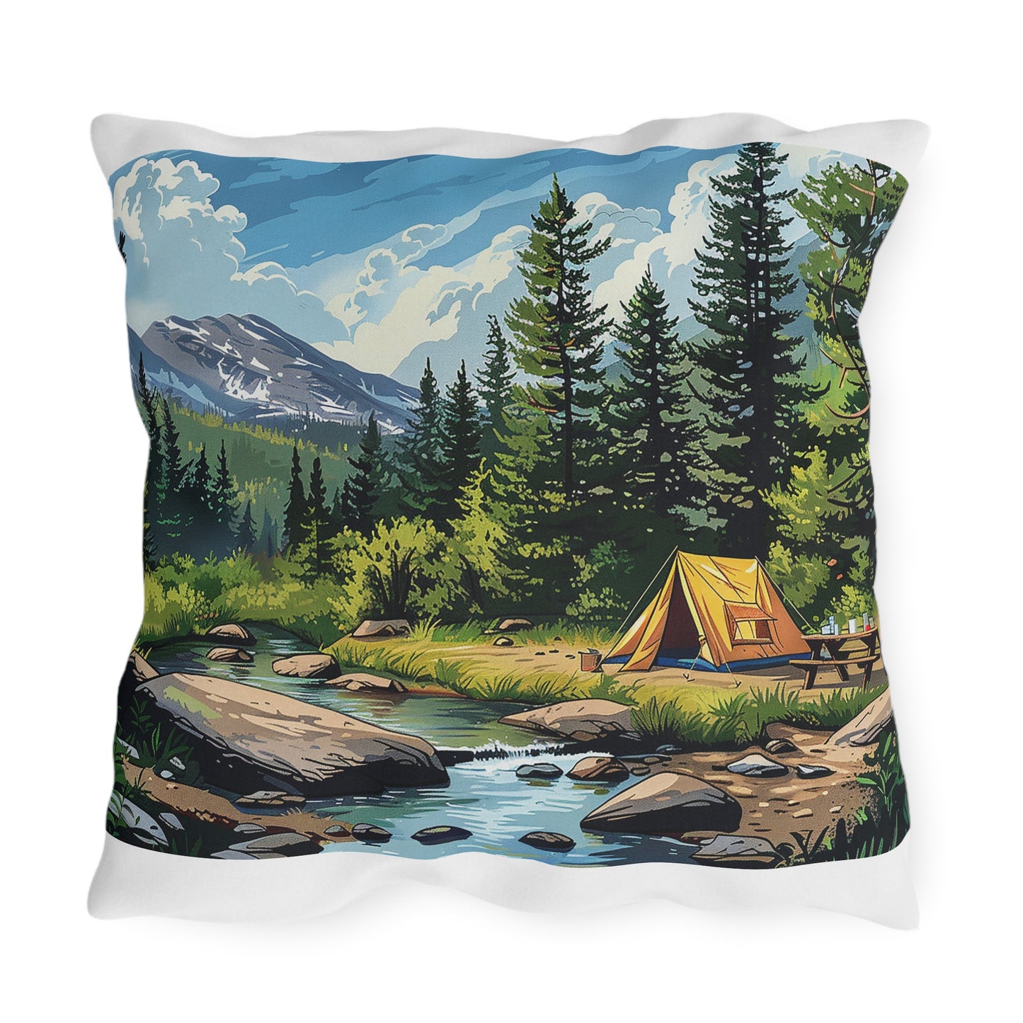 High Sierras Camp Square Outdoor Pillow - Spun Polyester - Double-Sided Print - UV-Resistant - Water-Resistant - Available in 3 sizes.