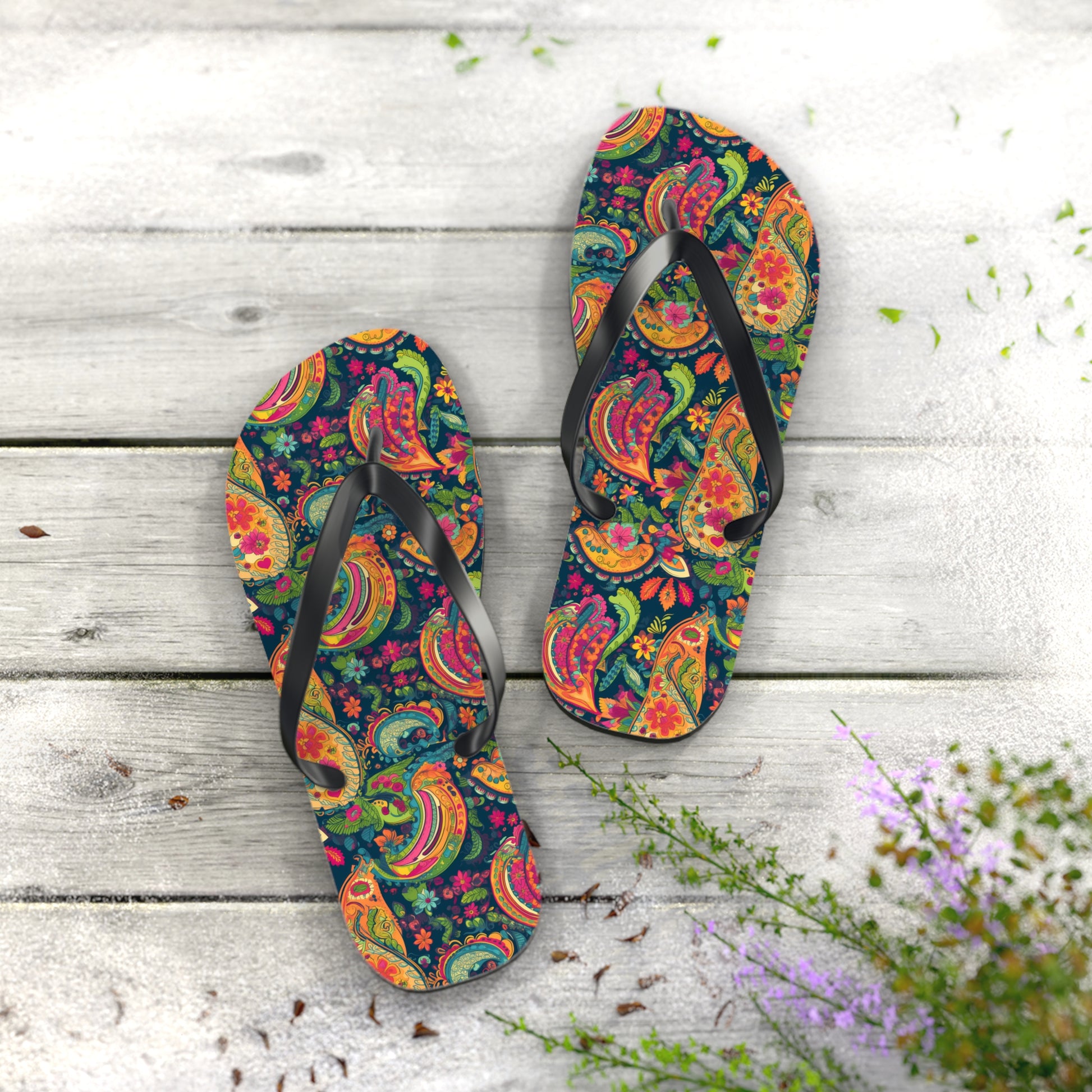 Psychedelic Paisley Party Flip Flops. 5/8" Thick Comfortable Summer or Winter Gym/Sauna Footwear for Men and Women.