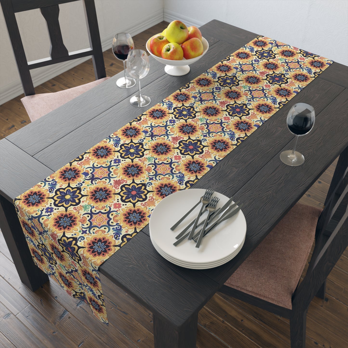 Majorcan Mosaic Splendor Table Runner - Cotton Twill - Available in 2 sizes: 16" x 72" and 16" x 90".