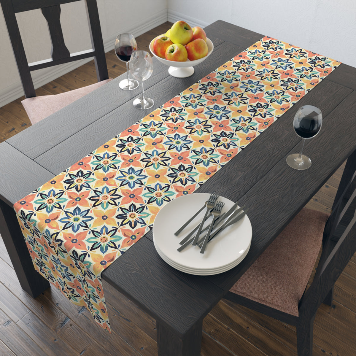 Mediterranean Tile Blossom Table Runner - Cotton Twill - Available in 2 sizes: 16" x 72" and 16" x 90".