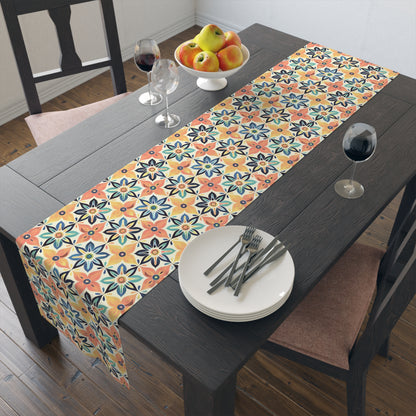 Mediterranean Tile Blossom Table Runner - Cotton Twill - Available in 2 sizes: 16" x 72" and 16" x 90".