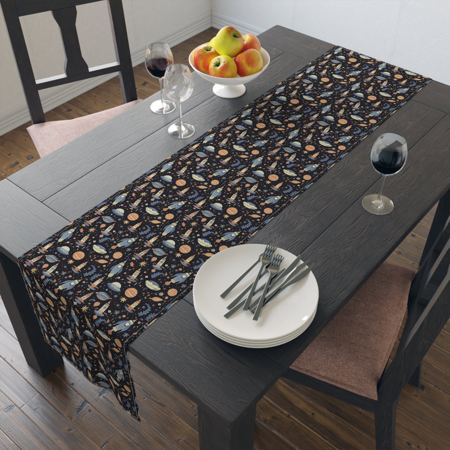 Galactic Space Rocket Romp Table Runner - Cotton Twill - Available in 2 sizes: 16" x 72" and 16" x 90".