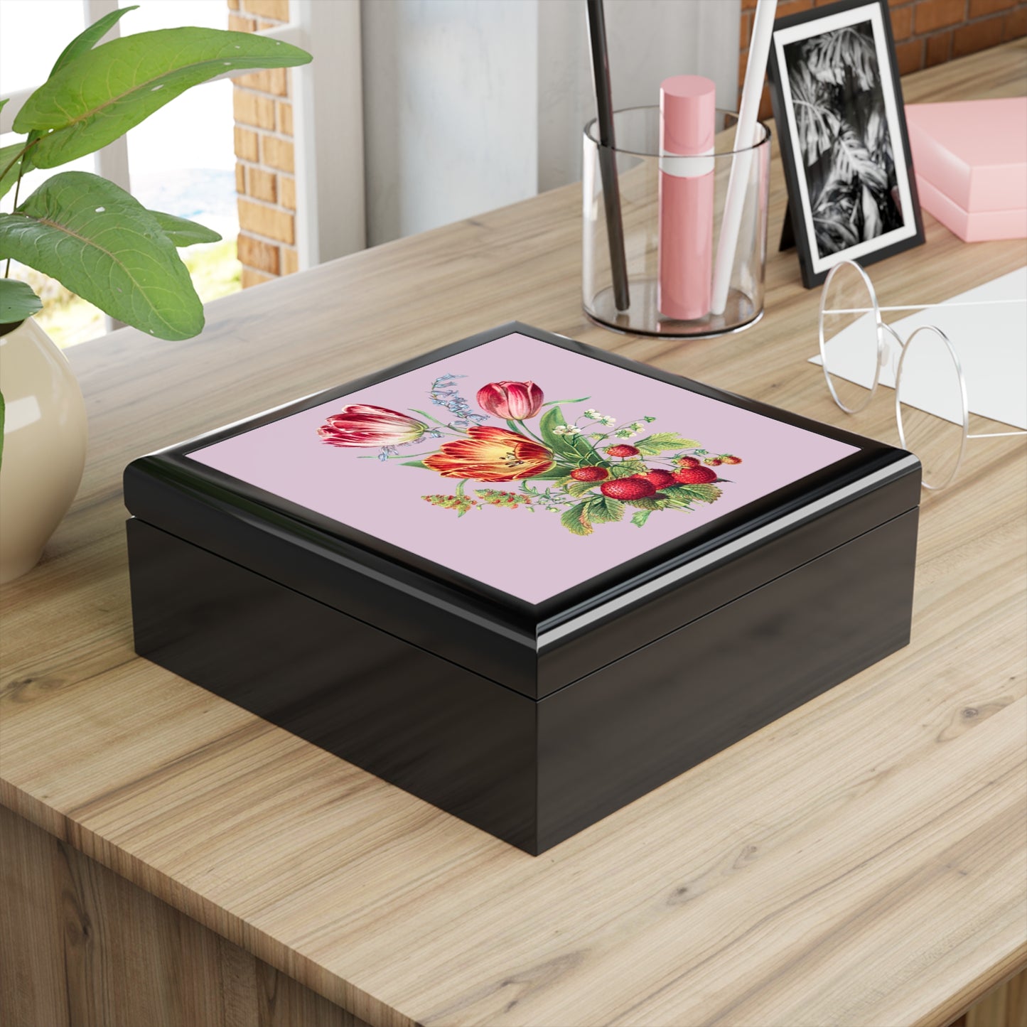 Vintage Tulip Trio Treasure Jewelry Box - Felt-Lined Rubberwood Keepsake Box with Glossy Printed Lid