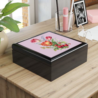 Vintage Tulip Trio Treasure Jewelry Box - Felt-Lined Rubberwood Keepsake Box with Glossy Printed Lid