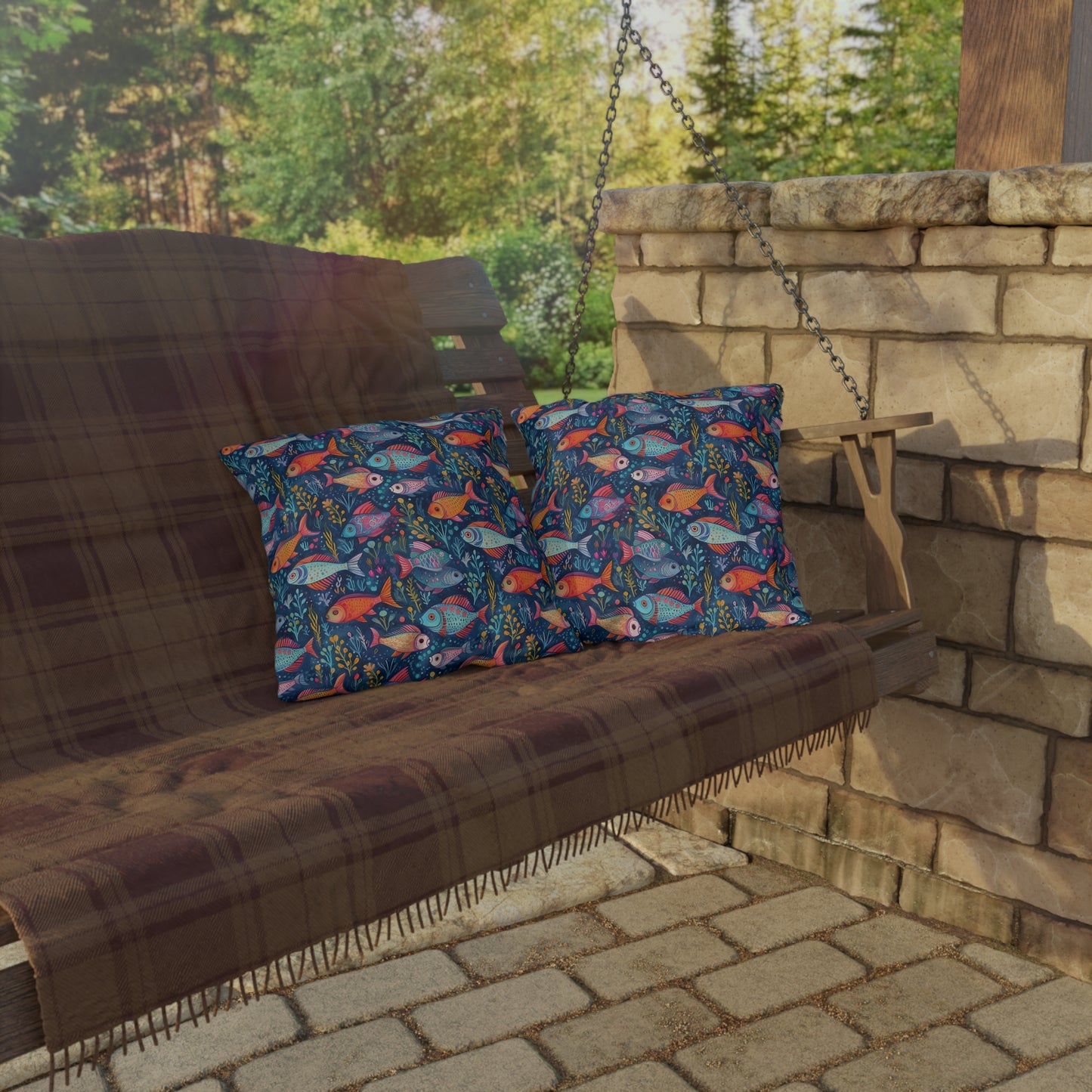 Fun Fish Square Outdoor Pillow - Spun Polyester - Double-Sided Print - UV-Resistant - Water-Resistant - Available in 3 sizes.