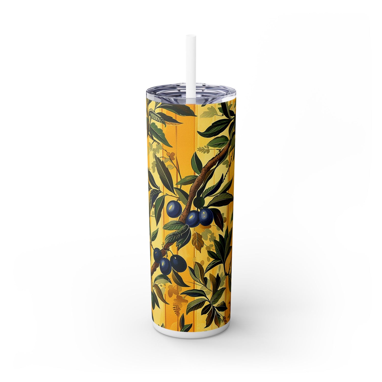 Olives & Sunshine Delight Skinny Tumbler with Straw - 20 oz. Insulated Stainless Steel - Sip into Mediterranean Sunshine!