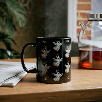Boo! Chic Retro Ghost Halloween Black Mug - 11oz, 15oz - Sip in Spooky Style with a Retro Twist!
