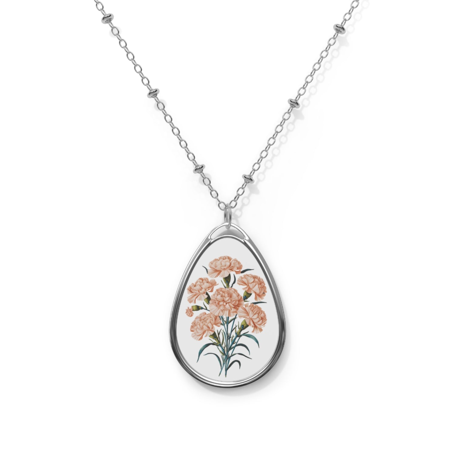 January Birth Month Flower - Carnation Oval Pendant Necklace - Floral Elegance to Celebrate Your Special Month!